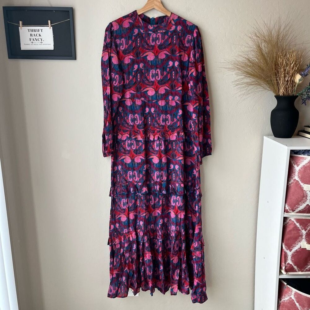 Oliphant Kazak Mock Neck Multicolor Print Tiered Long Sleeve Maxi Dress Size M - Picture 2 of 11
